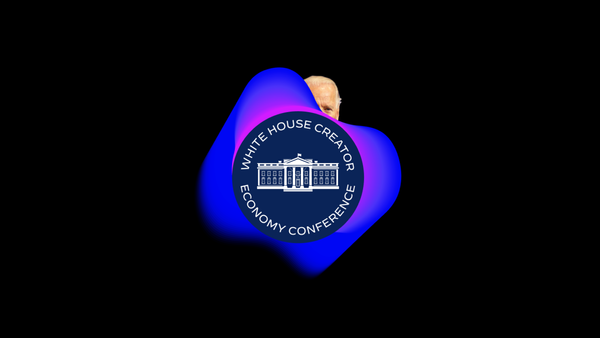 President Joe Biden behind logo of "The White House Creator Economy Conference".